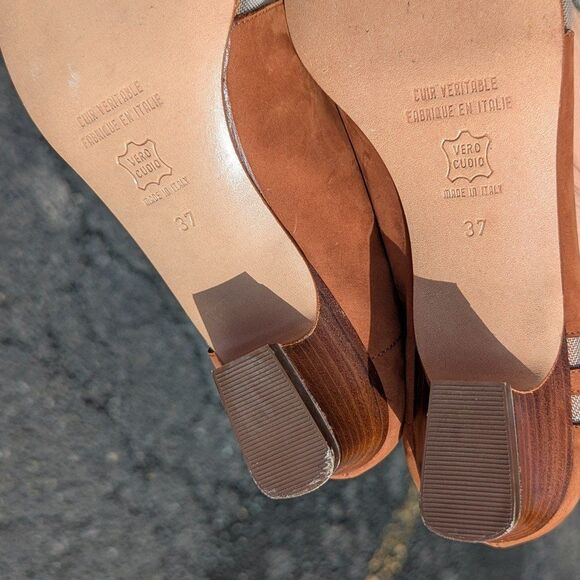 Gabri Size 37 Genuine Italian Leather Brown and Mesh Block Heels - Picture 5 of 6